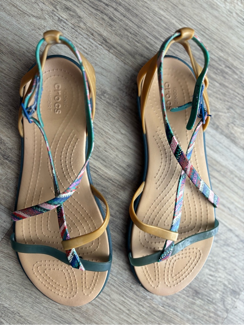 CROCS Women's Tan Footbed Strappy Sandals with Multicolor Patterned Straps